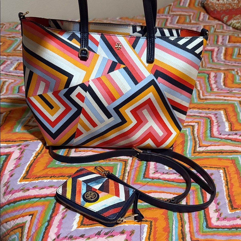 Colorful Geometric Tote Bag with Matching Pouch Tory Burch and strap